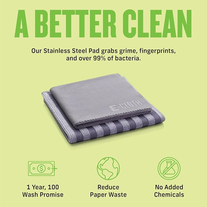 E-Cloth Stainless Steel Microfiber Cleaning Cloth Pack - Glass & Polishing + Stainless Steel Cleaner Cloth for Appliances, Cars & More, Reusable & Washable Microfiber Towels, Cleans with Water