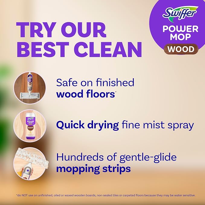 Swiffer Power Mop Wood, Hardwood Floor Cleaner for Mopping Home, Bathroom, Kitchen, All Purpose Multi-Surface Cleaning Set includes PowerMop Wood, 2 Pads, 1 QuickDry Lemon Solution, & 2 Batteries