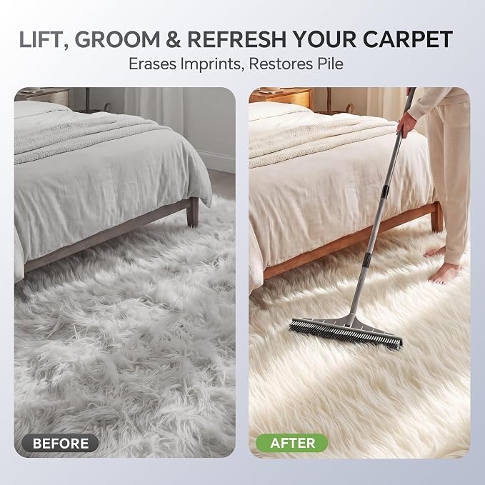 Walensee Carpet Brush for Pet Hair Removal, 2 in 1 Carpet Rake & Rubber Broom with Nylon Cleaning Brush, Adjustable Long Handle Rug Rake for Shag Carpet, Rugs, Stairs, Mats and Floors