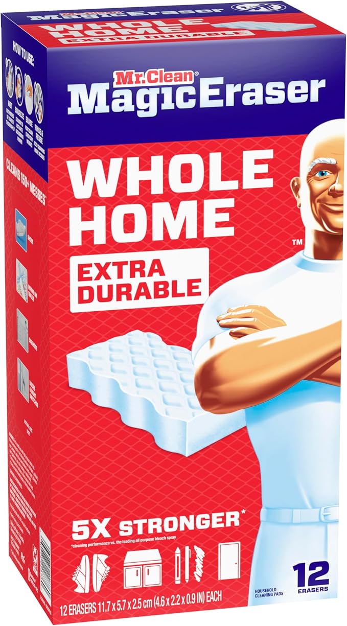 Mr. Clean Magic Eraser Sponge, All Purpose Cleaner, Cleaning Scrubber, Wall, Sneaker, Kitchen, Bathroom, Shower Cleaning Supplies, Melamine Sponge, Cleaning Pads, Whole Home Extra Durable, 12ct