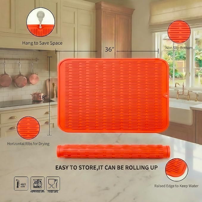 MicoYang Silicone Dish Drying Mat for Multiple Usage,Easy clean,Eco-friendly,Heat-resistant Silicone Mat for Kitchen Counter or Sink,Refrigerator or Drawer Liner Orange 5XL 36inches x 18inches