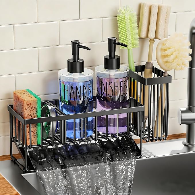 MASADI Kitchen Sink Caddy with Dish Soap Dispenser Set, 12OZ Glass Bottle, Hand and Dish Soap Dispenser Set, Non-Slip Silicone Pad, Brush Holder, Kitchen Sink Organizer Countertop (Black+Clear)