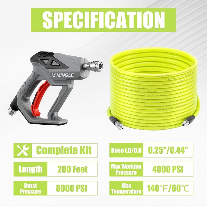 M MINGLE Sewer Jetter Kit for Pressure Washer 200 FT | Drain Cleaner Hose with Power Washer Gun, 1/4 Inch NPT Corner Rotating and Button Nose Sewer Jetting Nozzle, Orifice 4.0, 4.5