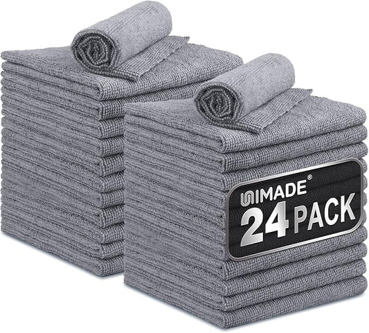 UNIMADE Microfiber Cleaning Cloth, 24 Pack Reusable Microfiber Towels for Cars Lint Free Cleaning Shop Towel Rags for Home Kitchen Automotive Bar Mechanic Restaurant Garage, 11"x 12", Grey