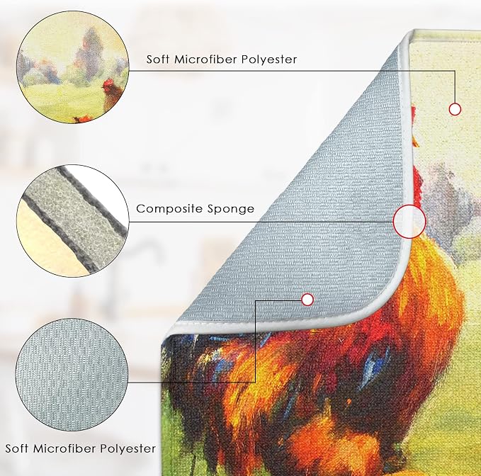 Sanwarm Absorbent Dish Drying Mat, Multicolor Oil Realistic Rooster Chickens Microfiber Pad for Kitchen Counter, Coffee Bar Decor, Heat Resistant and Reversible, 18" x 24"
