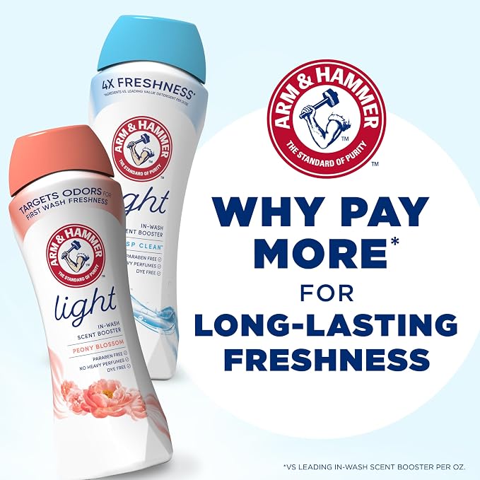 ARM & HAMMER Light Laundry Scent Booster, Peony Blossom Scent, 24 Oz | In-Wash Laundry Fragrance, No Heavy Perfumes, No Dyes, No Parabens, Laundry Additive