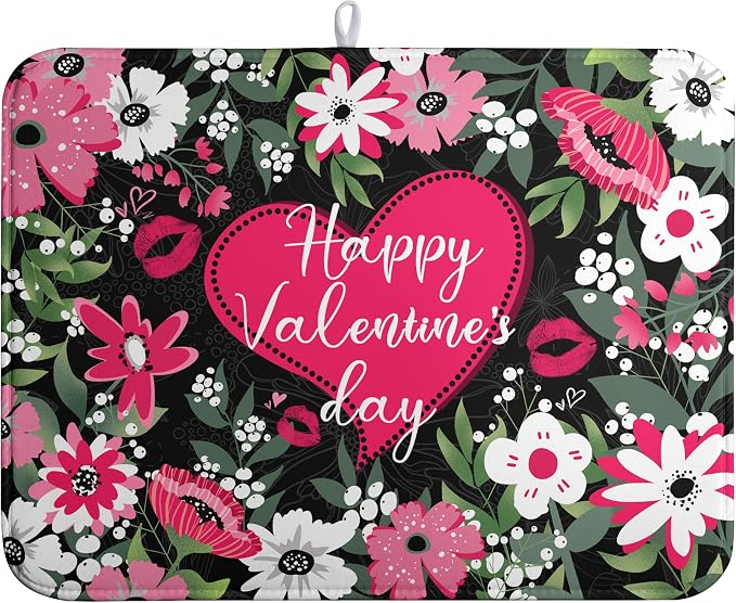 Happy Valentine's Day Dish Drying Mat for Kitchen Counter Valentines Flowers Love Heart Drying Mats Absorbent Reversible Dishes Drainer Mats Microfiber Dish Drying Pad Large Dish Rack Mat 18x24 Inch