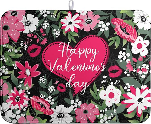 Happy Valentine's Day Dish Drying Mat for Kitchen Counter Valentines Flowers Love Heart Drying Mats Absorbent Reversible Dishes Drainer Mats Microfiber Dish Drying Pad Large Dish Rack Mat 18x24 Inch