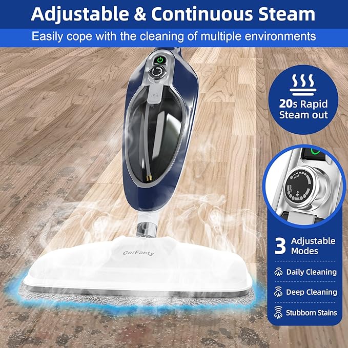 GorFanty Steam Mop - 10-in-1 Floor Steamer MultiPurpose Steam Cleaner | Detachable Handheld for Hardwood/Tile/Laminate All Floors Carpet Cleaning with 11 Accessories for Whole Home Use(Blue)