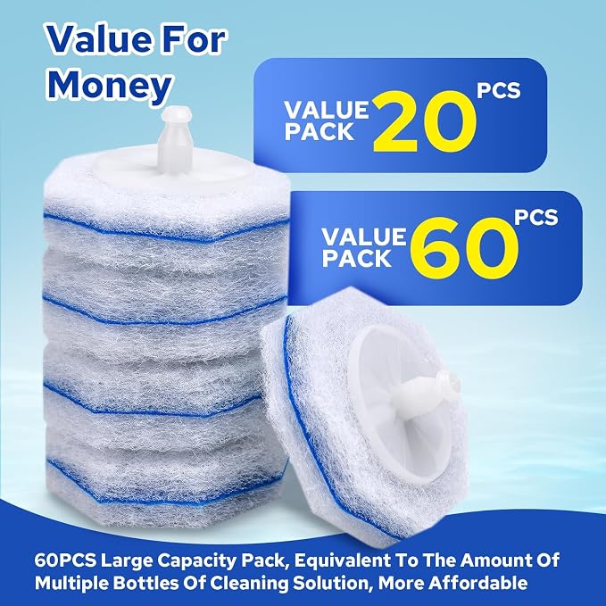 60pcs Disposable Toilet Brush Refills, Toilet Bowl Cleaner Refill Pads, Compatible with Most Toilet Cleaning Wands & Systems, Disposable Scrubber Refill Heads for Deep Bathroom Cleaning