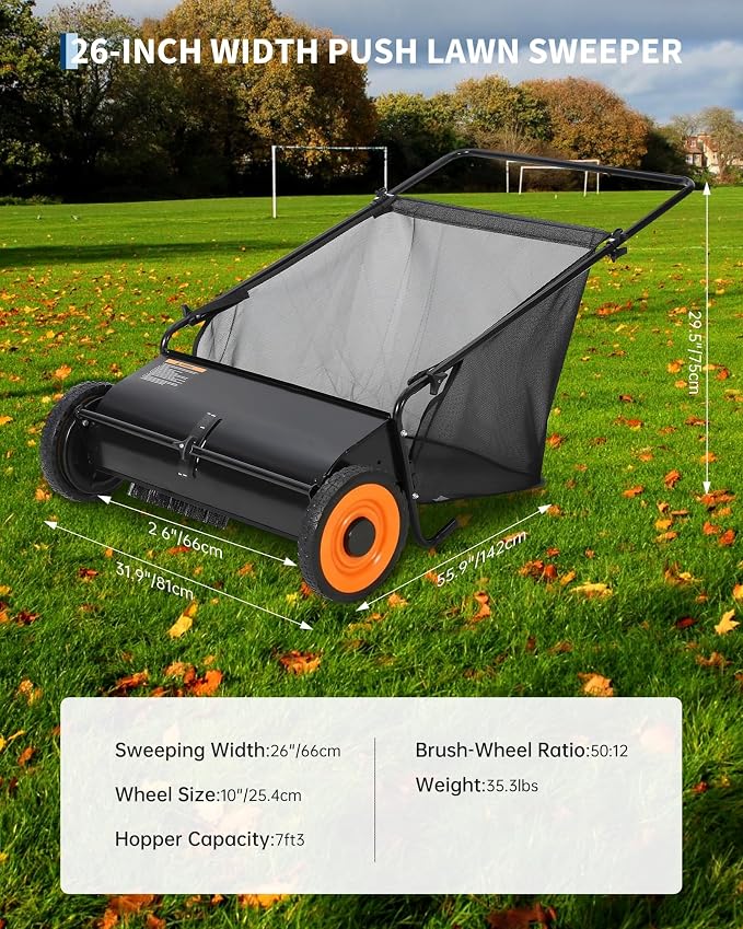 Garvee 26" Push Lawn Sweeper, 7 Cu. Ft. Hopper Capacity Grass Sweeper, Manual Push Yard Sweeper with Height Adjustment & 4 Spinning Brushes, Heavy Duty Lawn Sweeper with Steel Wheels, Black | Manual Push Yard Sweeper with Height Adjustment & 4 Spinning...