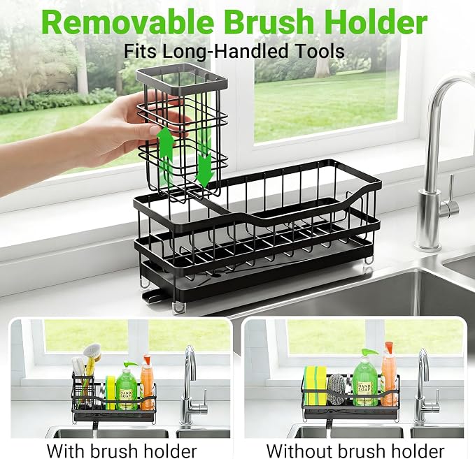 Sponge Holder for Kitchen Sink, Self-Draining Sink Caddy Organizer with Removable Brush Holder, Rustproof Metal Sponge Rack for Countertop, Fits Soap Dispenser & Scrubber, Black