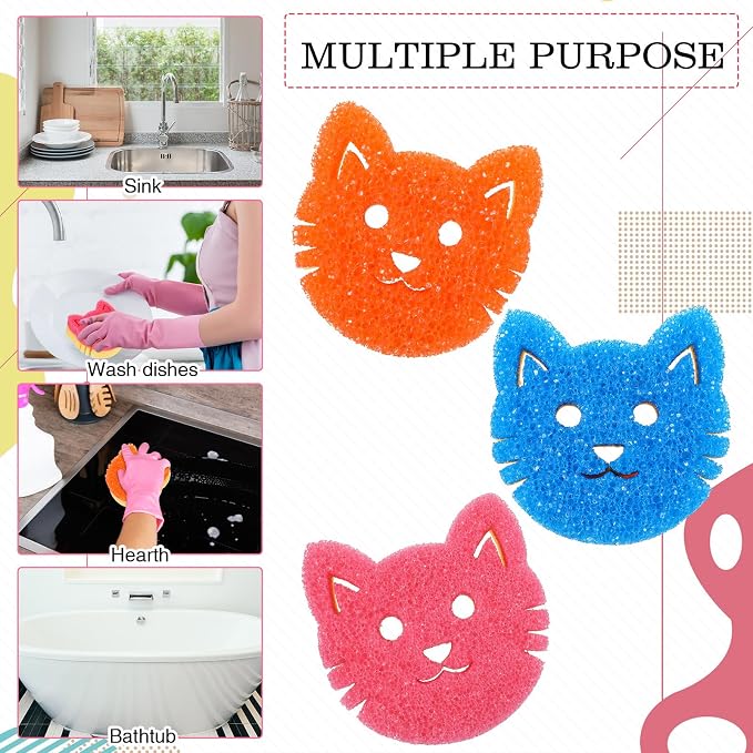 FillTouch 3 Pcs Dual Sided Scrub Sponge Multi Functional Cute Temperature Sensitive Non Scratch Dish Sponge for Washing Dishes Kitchen Bathroom (Cat,Pink, Orange, Royal Blue)