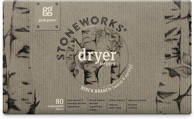 Grab Green Stoneworks Dryer Sheets, Birch Branch, 80 Count, Compostable | Softens fabrics; Reduces Static; Cruelty-free; Plant & Mineral Based; No Harsh Chemicals