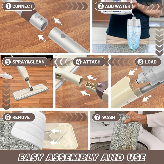 HOMTOYOU Wet Mop for Floor Cleaning: Spray Mop for Multi-Surface Floors | Wet Dry Use, 4 Pcs Microfiber Washable Pads, 400+ML Refillable Bottle, 360° Swivel Head, Beige
