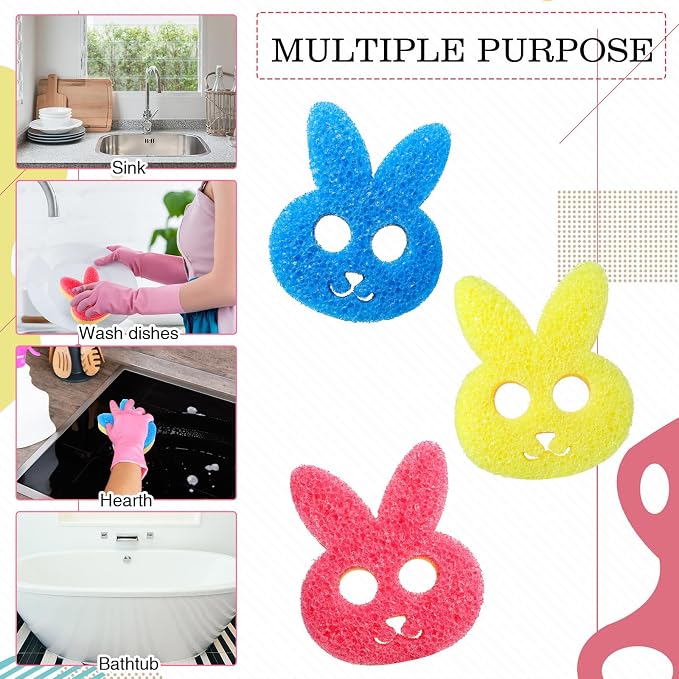 FillTouch 3 Pcs Dual Sided Scrub Sponge Multi Functional Cute Temperature Sensitive Non Scratch Dish Sponge for Washing Dishes Kitchen Bathroom(Rabbit,Pink, Yellow, Blue)
