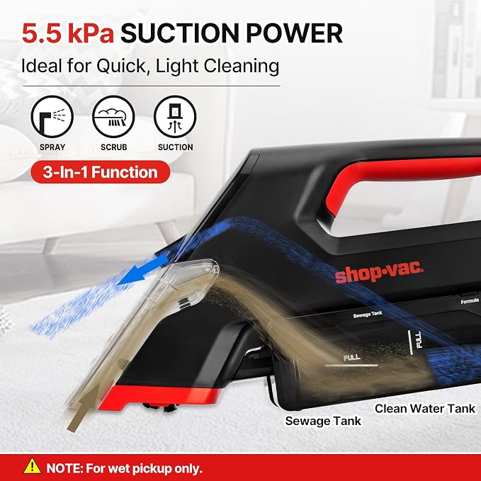 Shop-Vac 3-in-1 Cordless Spot Cleaner, Handheld Upholstery Cleaner with Spray, Rolling Brush and 5.5kPa Suction, 2 Water Tanks, USB-C Rechargeable | Spray & Rolling Brush Cleaning, 2 Water Tanks, USB-C Rechargeable, Ideal for Sofa, Car Seat, and Uphols...
