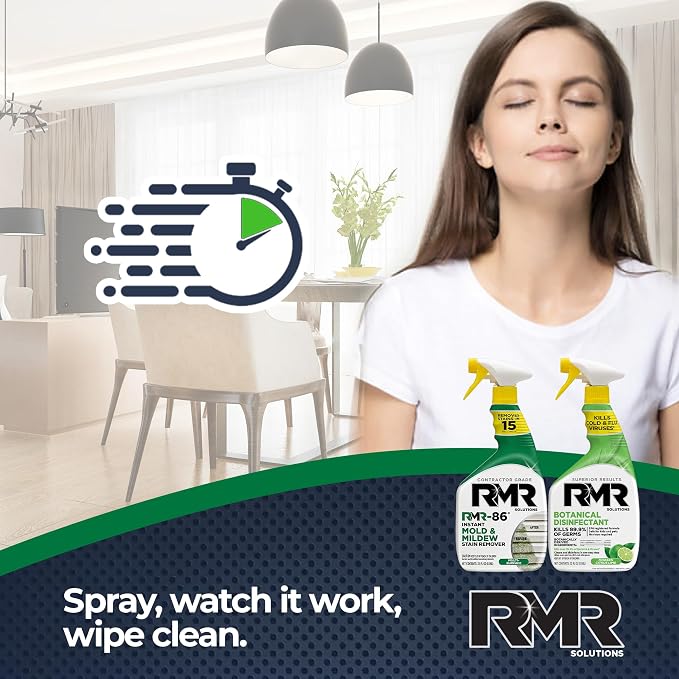 RMR Stain & Sanitation System –Instant Mold & Mildew Stain Remover + Botanical Disinfectant Cleaner, Indoor/Outdoor Cleaning Kit for Kitchens, Bathrooms, Furniture, Siding, & Deck, 2–32 Oz Bottles