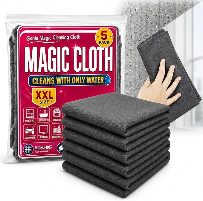 Magic Cleaning Cloth 5-Pack, Microfiber Cleaning Cloths 16x12 Inch, Lint Free Reusable Cleaning Rags for Glass, Window, Kitchen, Stainless Steel, Cars & Screens，5PCS