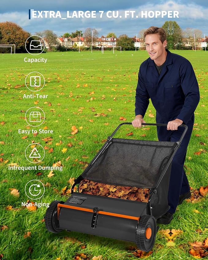 Garvee 26" Push Lawn Sweeper, Heavy Duty Walk Behind Leaf Collector | Yard Sweeper for Outdoor, Patio, Driveway, Garden Grass Sweepers, 4 High Speed Spinning Brush, 7 Cu. ft Hopper Capacity
