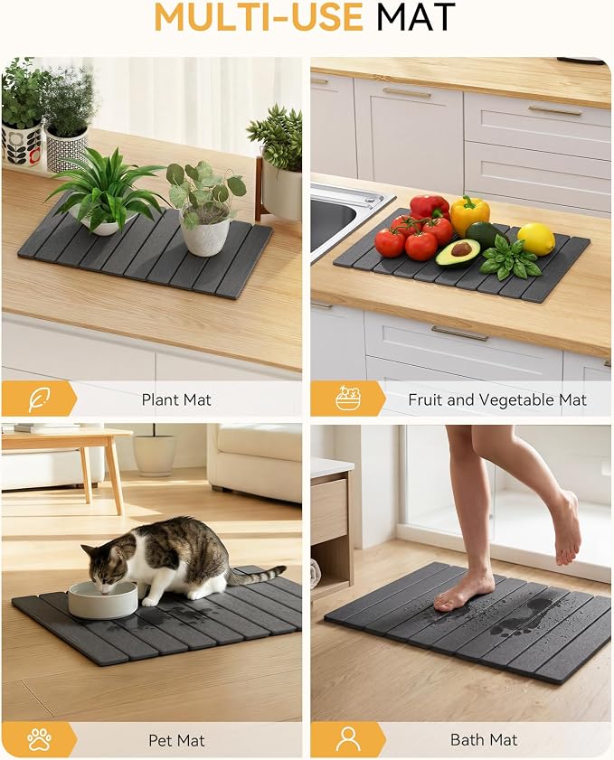 Yofidra Large Stone Dish Drying Mat for Kitchen Counter, Quick Dry Stone Mats with Absorbent Diatomaceous Earth, Foldable Roll Up Drying Organizer Pad for Utensils Plate, 24"×16", Dark Gray