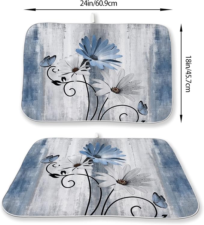 Rustic Daisy Floral Dish Drying Mats 18x24 Inches for Vintage Flower Blue Kitchen Drying Mats Seasonal Outdoor Decorations Absorbent Drying Dish Mats for Kitchen Dining Room Counter Decor
