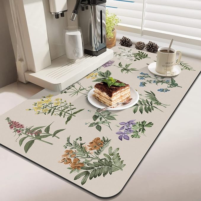 LOKHOM Dish Drying Mat for Kitchen Counter, 17"x28" Absorbent Coffee Bar Mat with Vintage Sage Flower Herbs, Dish Drainer Rack Mat for Kitchen Counter