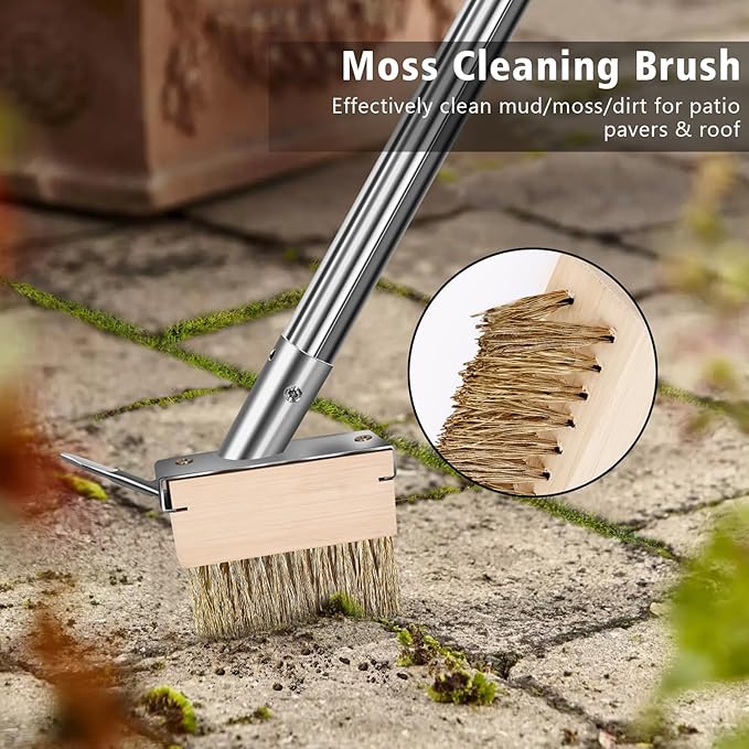 Wire Scrub Brushes with 65in Handle for Concrete Pavers Moss Remover | Heavy Duty Wire Broom, Crack Weeder Puller for Outdoor Deck Patios Walkways Floor Cleaning, Detachable Long Handle