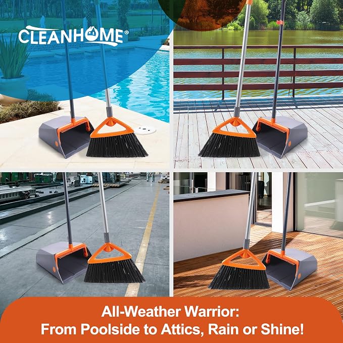 CLEANHOME Heavy Duty Outdoor Broom and Dustpan Set with Long Handle | Long Handle, Standing Dustpan & Split-End Bristles for Patio, Garage, Deck, Leaves Debris Cleaning
