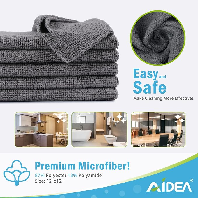 AIDEA Microfiber Cleaning Cloth Grey-400PK, Soft Absorbent Rags, Microfiber Towels for Cars, Kitchen Towels, Dusting Cloth for Home, Window, Cleaning Supplies, 12"×12"