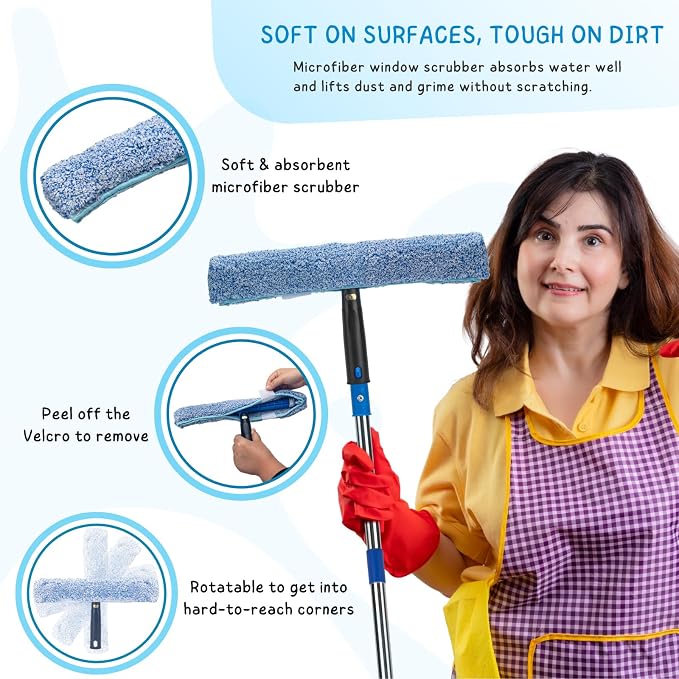 Window Squeegee with Scrubber for Home and Outdoor Glasses Cleaning, 6 Ft Long Handle 2 in 1 Professional Window Washing Kit with Replacement Rubber Blade, Car Windshield Cleaner Tool
