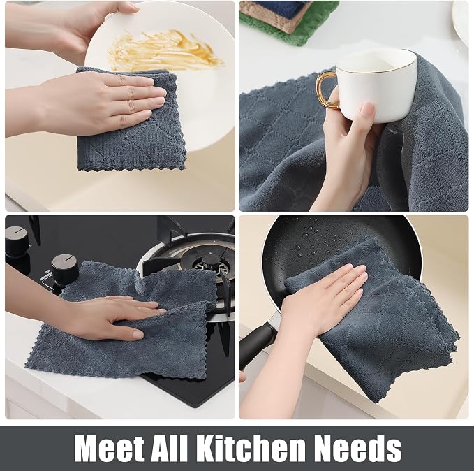 Homaxy Kitchen Towels and Dishcloths Set, 10 x 10 and 13 x 19 Inches, Set of 12 Super Soft and Absorbent Coral Velvet Kitchen Towels, No Lint and Nonstick Oil Fast Drying Dish Towel, Dark Grey