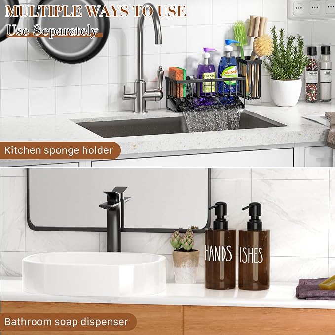 MASADI Kitchen Dish Soap Dispenser Set with Sponge Holder, 12OZ Glass Bottle, Hand and Dish Soap Dispenser Set, Non-Slip Silicone Pad, Brush Holder, Kitchen Sink Organizer Countertop (Black+Amber)