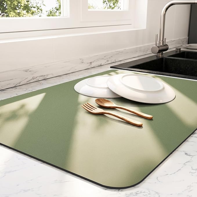 Ecotrim - Dish Drying Mat for Kitchen Counter | Coffee Bar Mat for Countertops | Heat Resistant Drainer Mat with Non-slip Rubber Backed | Hide Stain Kitchen Absorbent Draining Mat | Green 16"x18"