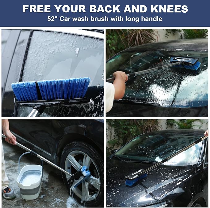52" Car Wash Brush with Long Handle | Built-in Rubber Squeegee & Rubber Bumper | Lightweight extendable Handle | Soft Bristle Brush for Car, RV, Boat, Solar Panel, Deck Washing