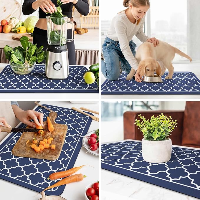 WISELIFE Dish Drying Mat Super Absorbent Drying Mat Large Dish Drying Mats for Kitchen Counter Easy Clean Dish Mat Kitchen Drying Mat18"x 32" Stylish Blue