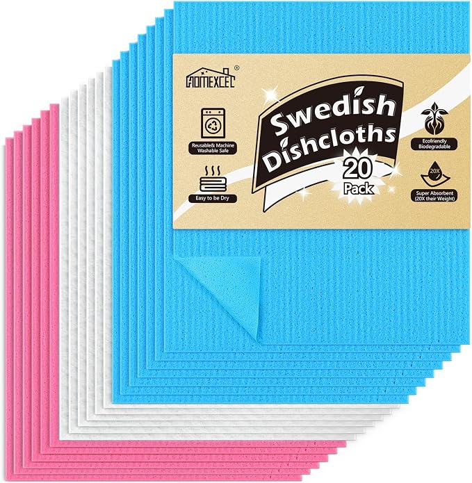 HOMEXCEL Swedish Dishcloths for Kitchen, 20 Pack Reusable Sponge Dish Cloth for Kitchen and Cleaning Counters, Super Absorbent Paper Towels (Blue/White/Pink)