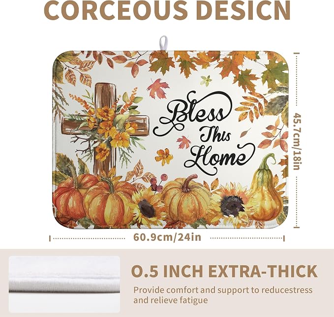 Fall Drying Mat for Kitchen Counter Autumn Thanksgiving Pumpkin Cross Dish Mat Sunflower Maple Leaf Absorbent Microfiber Dish Draining Mat Reusable Dishes Pad Extra Large 18"x24"