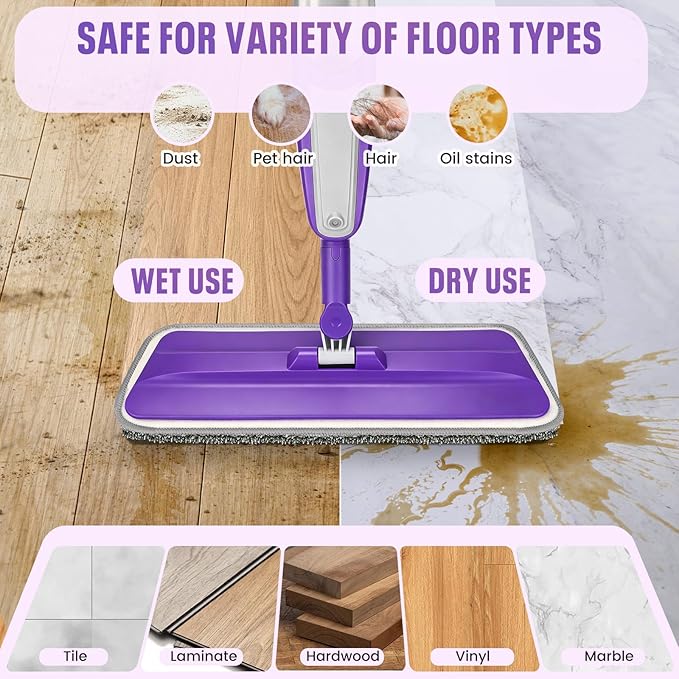 Spray Mop for Hardwood Floors Cleaning with 3 Washable Pads, Microfiber Wet Mops with Sprayer for Home Kitchen Tile Wood Vinyl Laminate Floor Dust Cleaning,16.9 oz Refillable Bottle, Purple