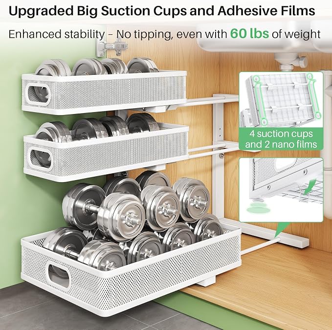 Kitstorack Under Sink Organizer, 1-Pack 3-Tier Height Adjustable Thickened Metal Pull out Cabinet Organizer Shelf, Slide out Storage Drawer Rack for Bathroom Kitchen Pantry Home Laundry Organization