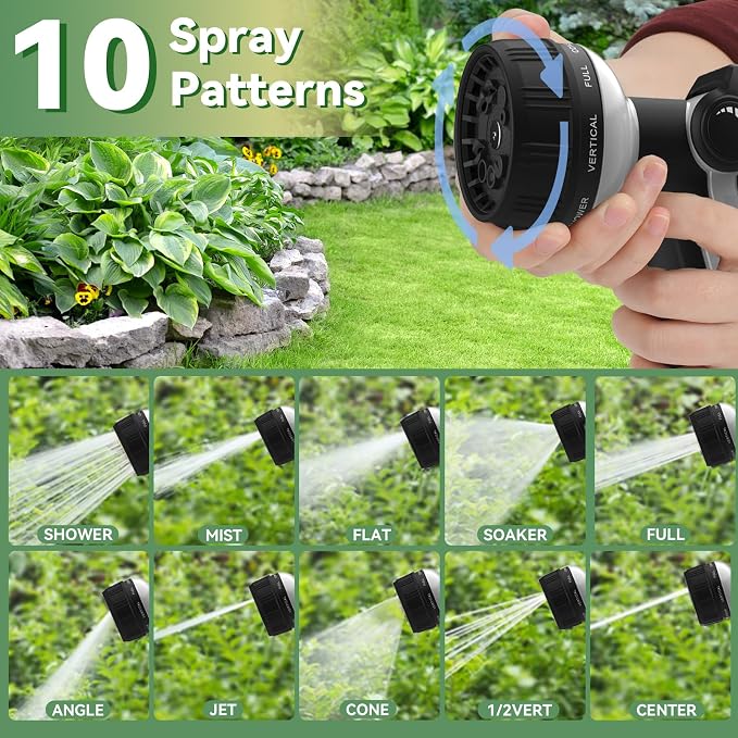 Garden Hose Nozzle Heavy Duty,Metal Water Hose Nozzle with 10 Adjustable Spray Patterns, High Pressure Hose Sprayer Nozzle Thumb Control On Off Valve for Lawn & Plant Watering, Car & Pet Washing