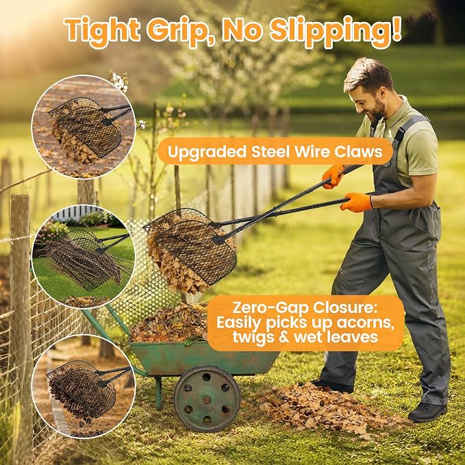 Leaf Grabber Rake with Long Handle, Heavy Duty Metal Leaf Picker Upper and Grass Collector, Upright Lawn Debris Pickup Tool with Upgraded Lock Nuts for Yard Cleanup, No Bending Over
