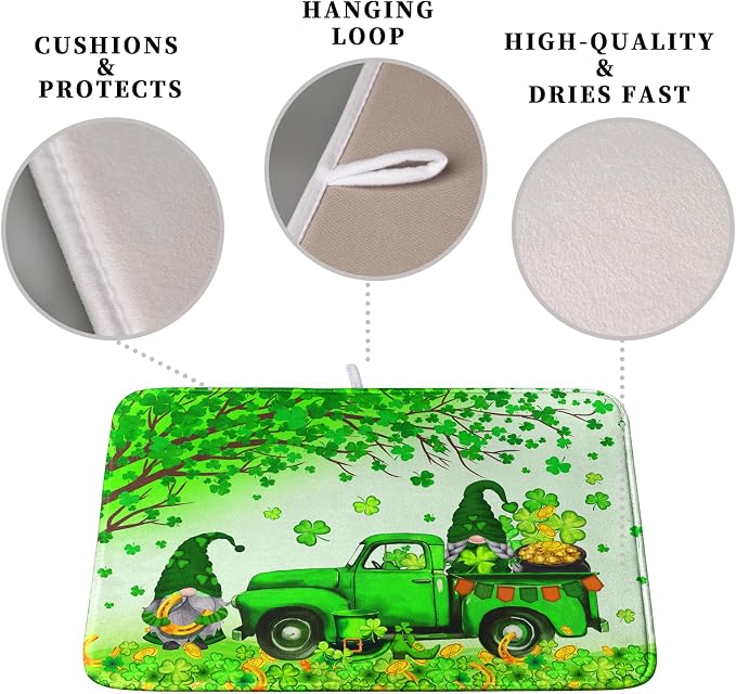 St Patrick's Day Shamrock Dish Drying Mat for Kitchen Counter Green Gnome Truck Dish Dry Mat St Patrick Spring Drying Mats Microfiber Absorbent Dish Drainer Rack Mat Large 18x24 Inch