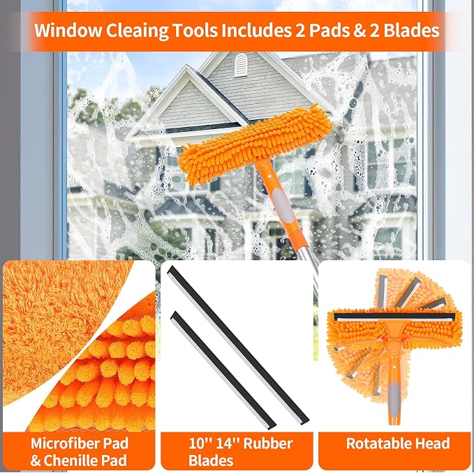 67" Squeegee Window Cleaner, 2 in 1 Professional Window Cleaning Tool Kit with Extension Pole, Window Washing Equipment with Rotatable Head for Indoor Outdoor Windows Car Glass