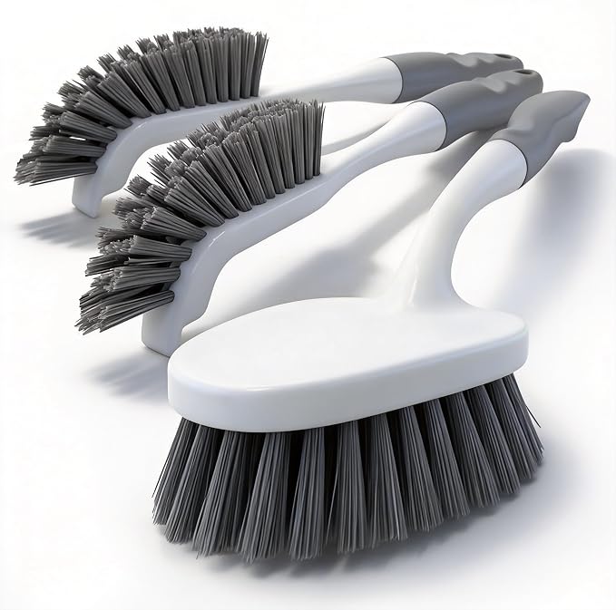 3 Pack Hard Bristle Scrub Brush Set, Heavy Duty Cleaning Brushes with Ergonomic Handle, Specifically Designed for Bathroom, Shower, Bathtub, Tub, Carpet, Floor, Grout, Tile
