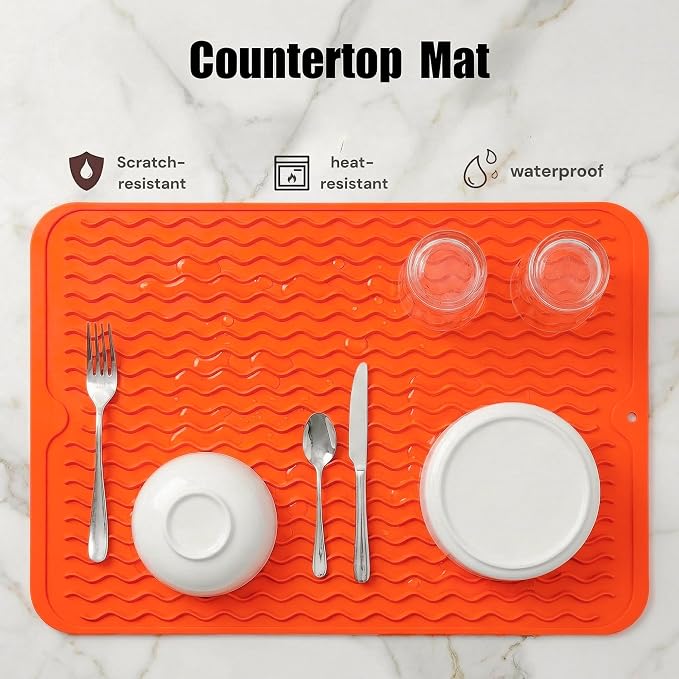 MicoYang Silicone Dish Drying Mat — Quick-Dry Ridges Counter & Sink Pad, Heat-Resistant Trivet to 450°F, Non-Slip & Dishwasher Safe, Roll-Up Storage, 18 Colors & 9 Sizes (Orange, 16"×12")