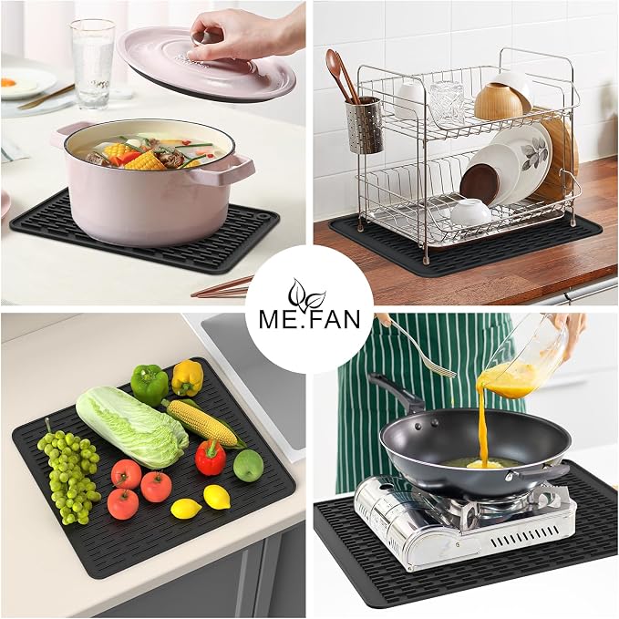 ME.FAN Silicone Dish Drying Mat for Kitchen Counter, Dish Drying Pad for Sink, Refrigerator or Drawer, Countertop Protection Pad S - 12'' x 8'' - Black