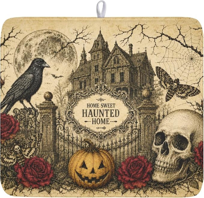 Halloween Pumpkin Dish Drying Mat for Kitchen Counter 16 x 18 Inch Ghost Castle Dish Drainer Mat Absorbent Microfiber Rose Skull Crow Dish Rack Pad for Coffee Dining Bar Decor