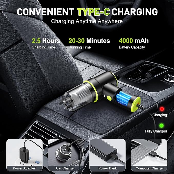 KMM Handheld Car Vacuum Cleaner, 9000PA Vacuum & Air Duster | 120W High Power, Portable Cordless, Rechargeable, Multi-Nozzles & LED Light for Home, Car, Office