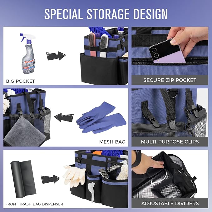 SCAVATA Wearable Cleaning Caddy, Cleaning Caddy Supplies Organizer with Handle & Shoulder Straps for Housekeepers, Under Sink & Car Cleaning Tool Organizers Bag with 4 Foldable Divider (CeruleanBlue)